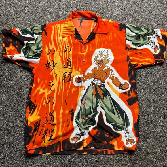Jaws Other - Vintage Jaws Anime Warrior Flame Graphic Button Down Shirt Orange Mens Large